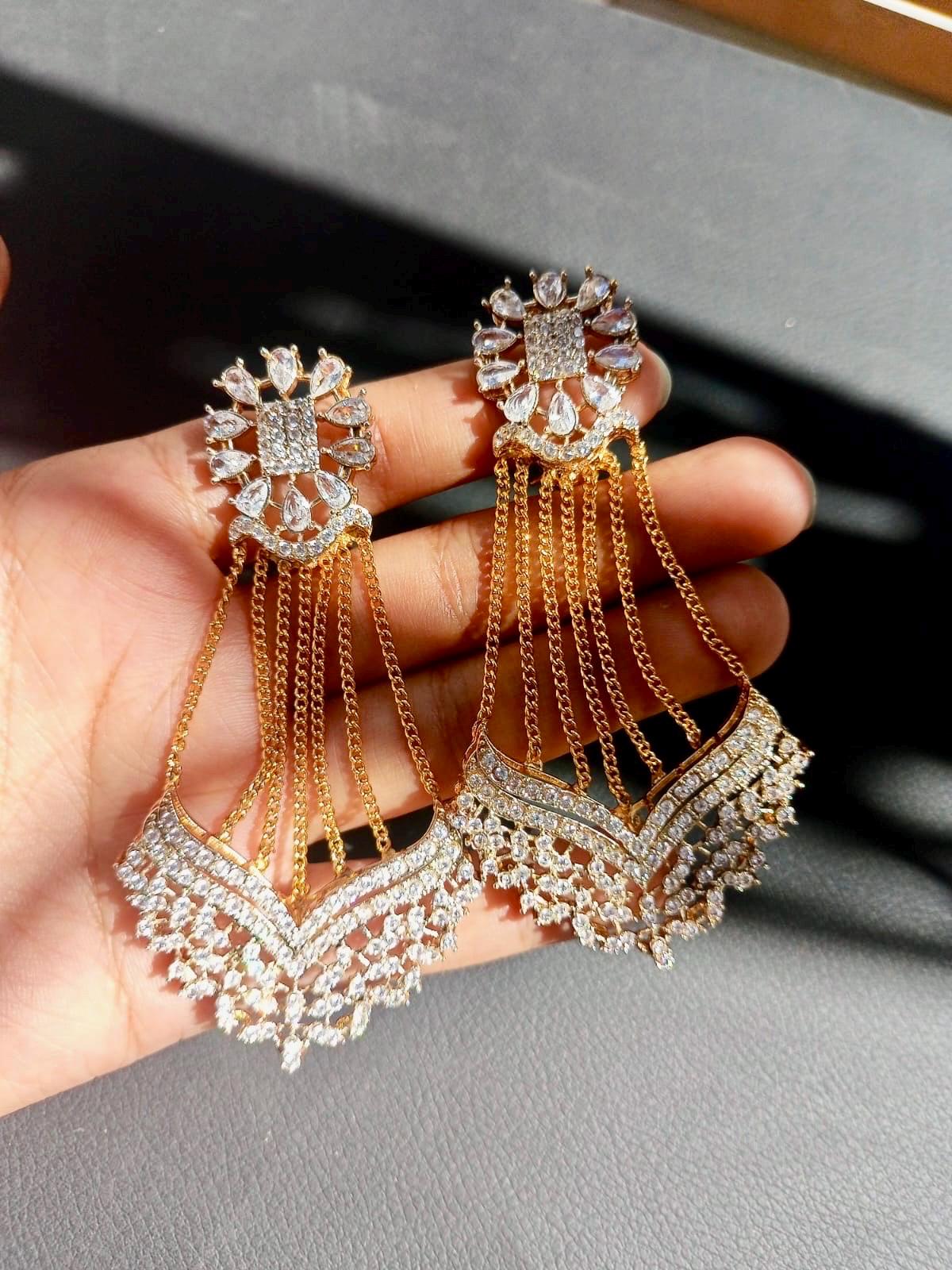Bollywood Indian Pakistani eid Designer length statement earrings gold finish,Victorian,Ad stones