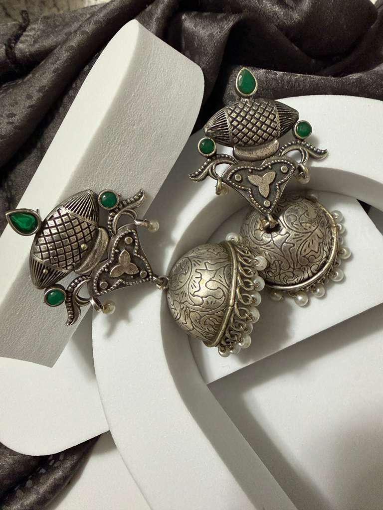 Statement Jhumka Earrings Vintage Silver Tone Dangle Earrings Ethnic