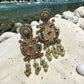 Vintage Ethnic Drop Earrings: Antique Silver Tone, Red Stones, Pearl Tassels