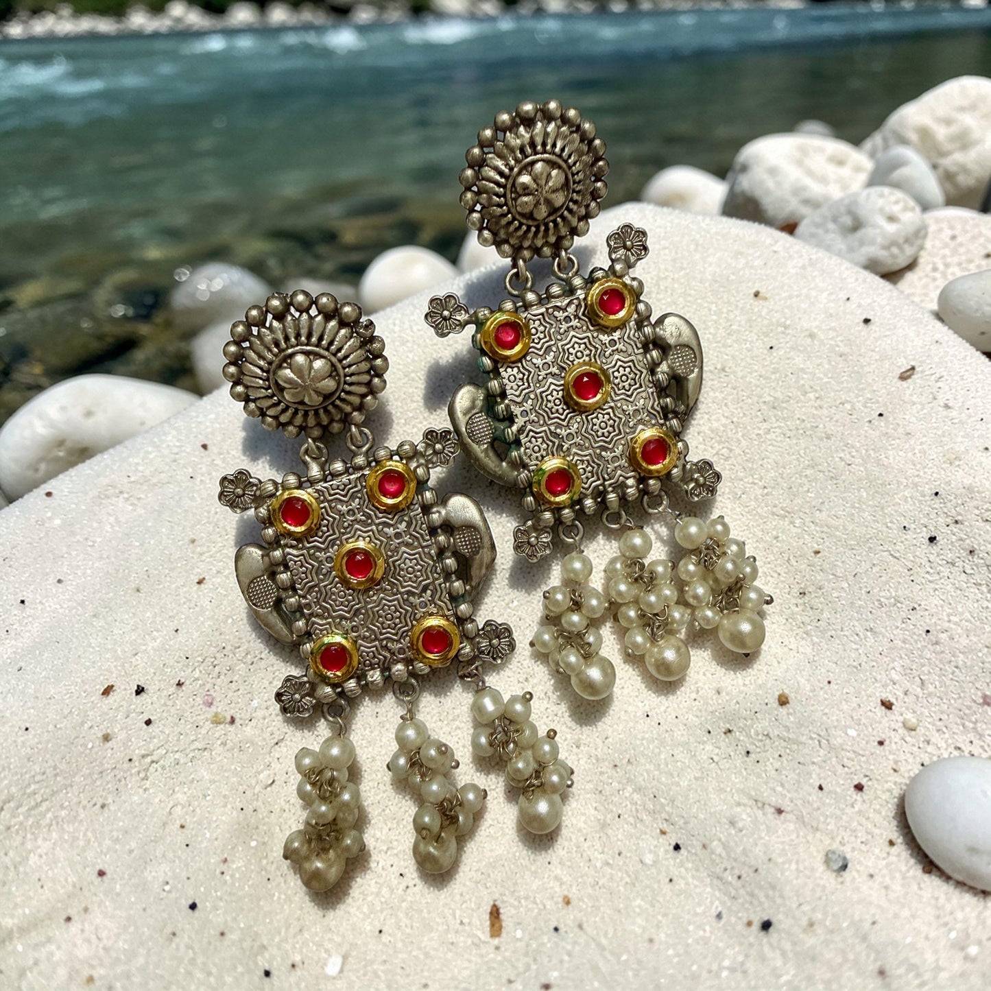 Vintage Ethnic Drop Earrings: Antique Silver Tone, Red Stones, Pearl Tassels