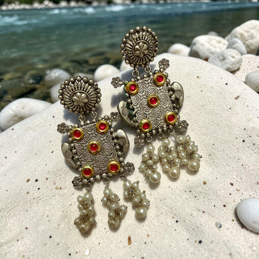 Vintage Ethnic Drop Earrings: Antique Silver Tone, Red Stones, Pearl Tassels