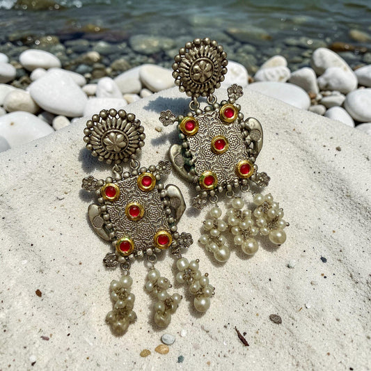 Vintage Ethnic Drop Earrings: Antique Silver Tone, Red Stones, Pearl Tassels