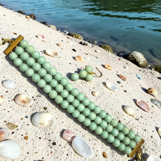 Green Beaded Choker Set: Multi Strand Bracelet, Drop Earrings, Minimalist Everyday Jewelry