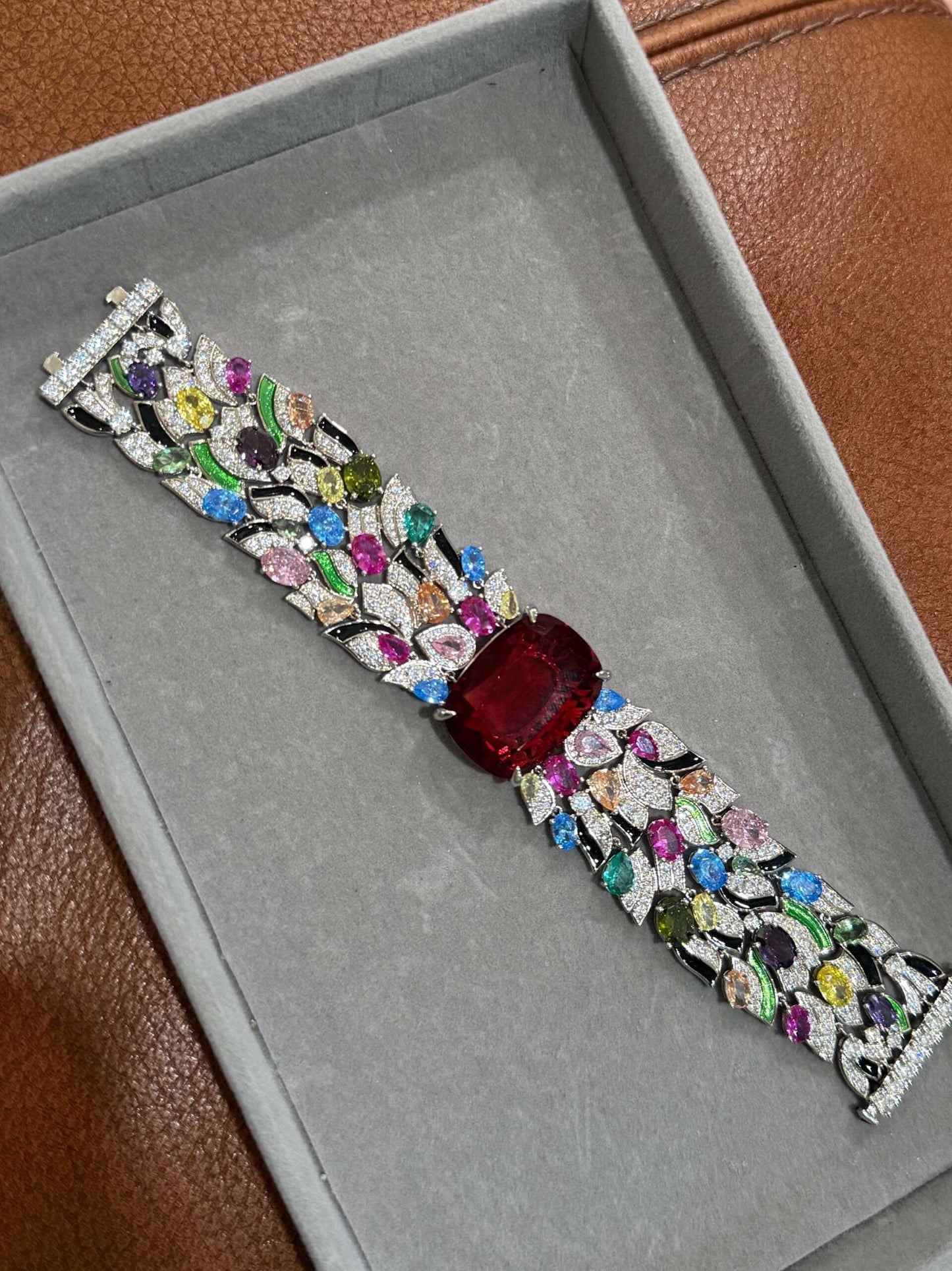 Luxury Multicolor Gemstone Statement Bracelet | Red Center Stone | High-End Designer Cuff | Bridal & Party Jewelry