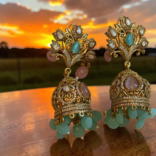Statement Jhumka Earrings Gold Dangle Earrings Bridal Party Jewelry