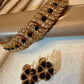 Chunky Gold Tone Bracelet and Earrings Set with Black Stones – Elegant Statement Jewelry