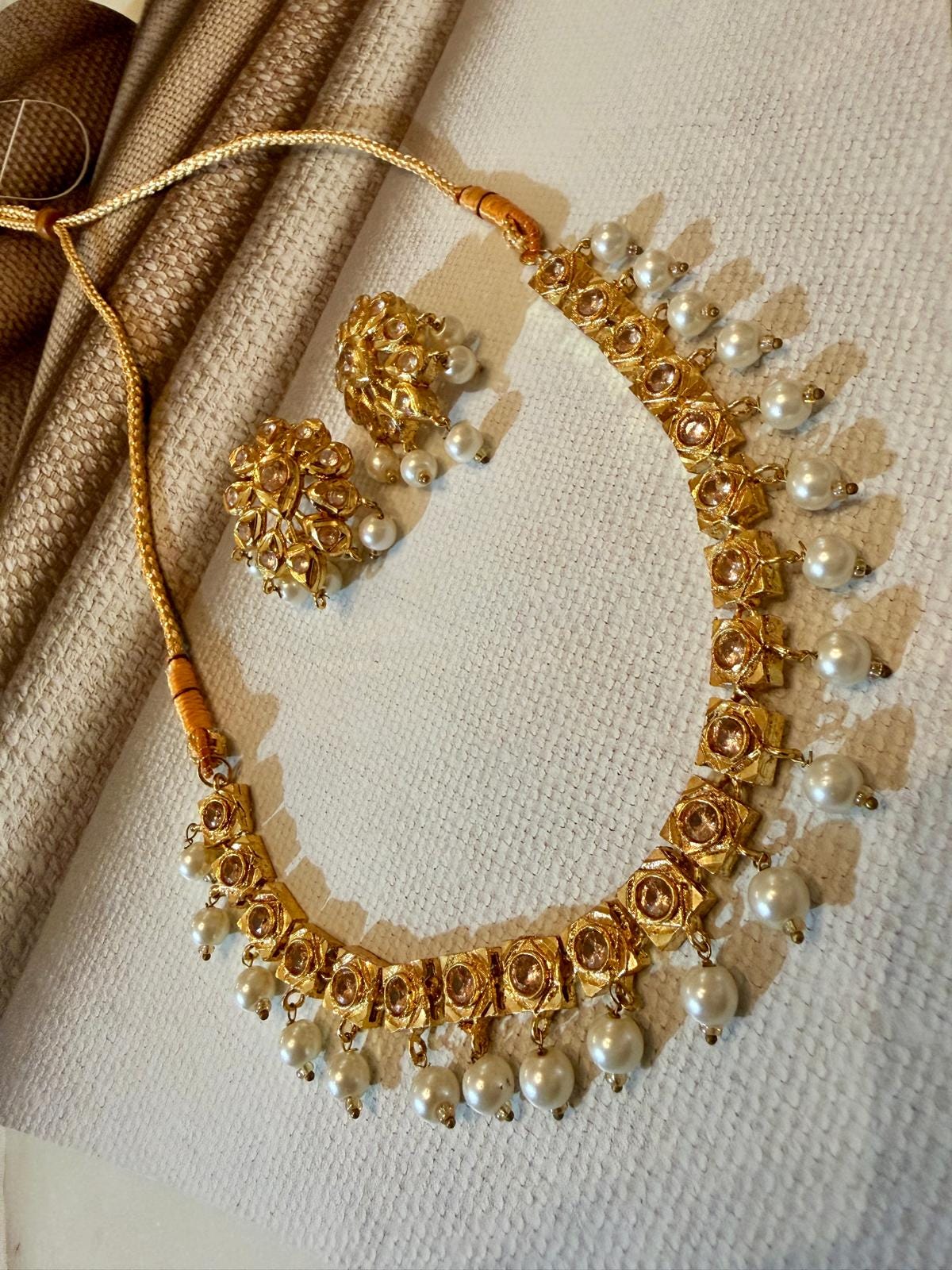 Traditional Gold Choker Necklace Earrings Set with Faux Pearls