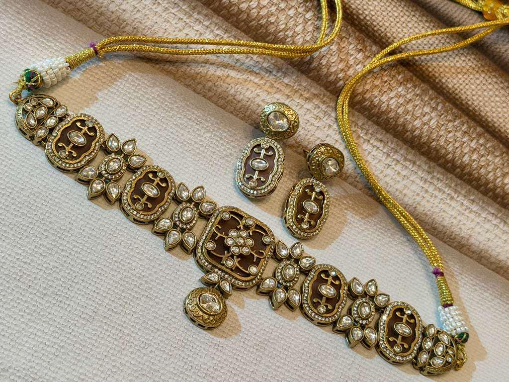 Vintage Style Gold Bridal Choker Necklace Earrings Ring Set, Wedding Jewelry