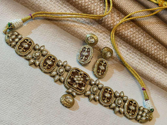 Vintage Style Gold Bridal Choker Necklace Earrings Ring Set, Wedding Jewelry