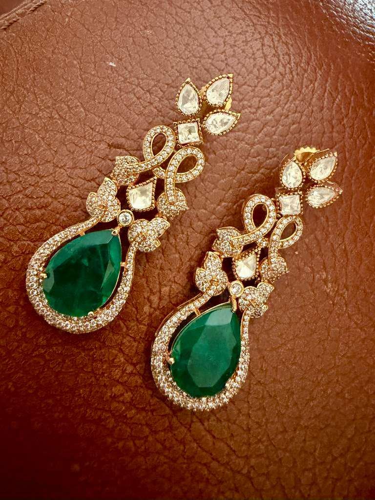 Green Teardrop Statement Earrings, Vintage Gold Drop Earrings,