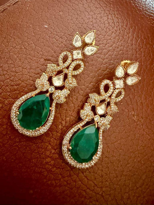 Green Teardrop Statement Earrings, Vintage Gold Drop Earrings,