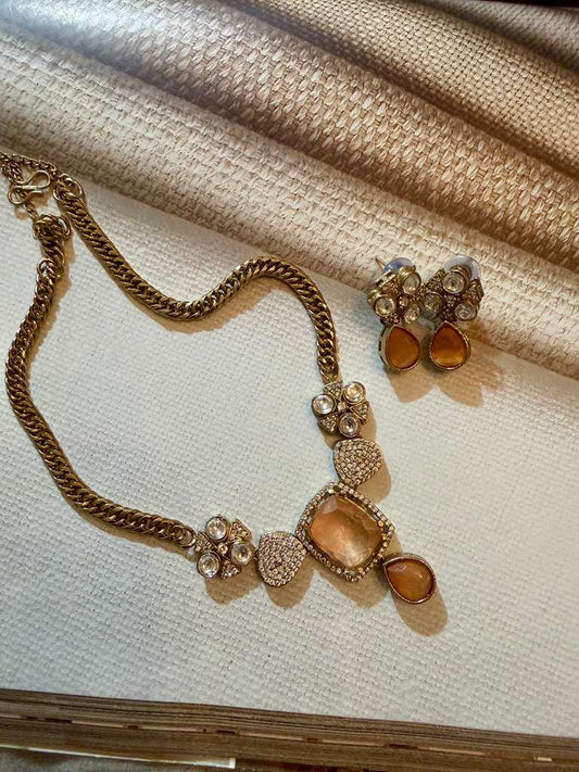 Champagne Crystal Pendant Necklace Set Gold Chain Statement Jewelry Peach Stone
