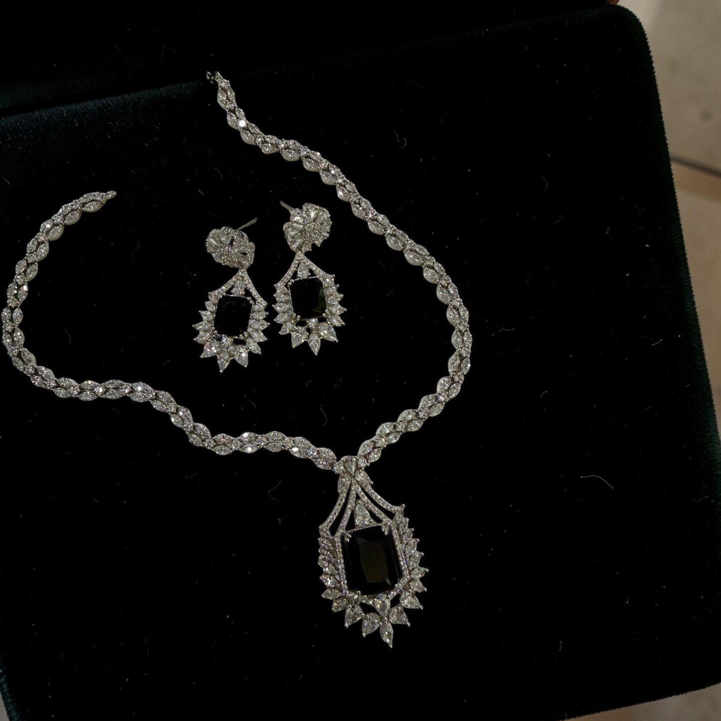 Bridal Crystal Necklace Earrings Set, Silver Statement Wedding Jewelry, Black Stone Pendant