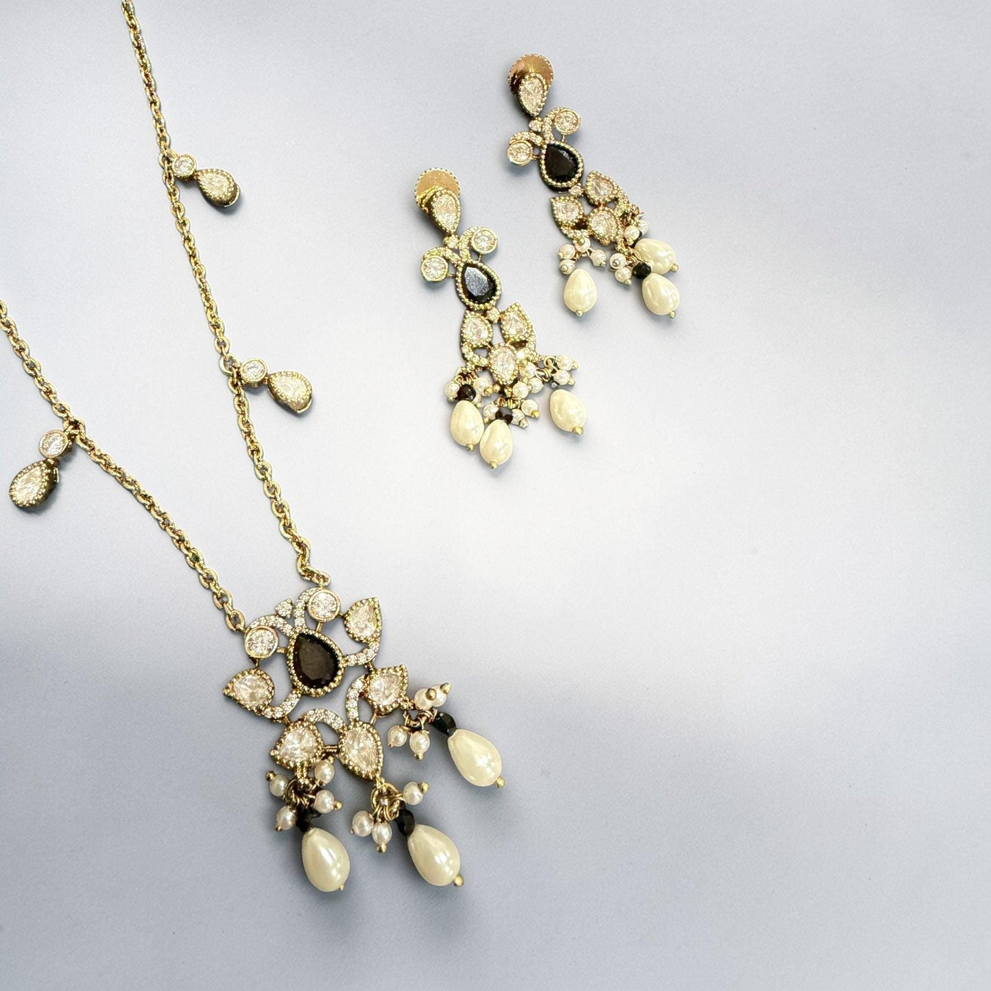 Gold Bridal Necklace Set Pearl Drop Statement Jewelry Black Stone