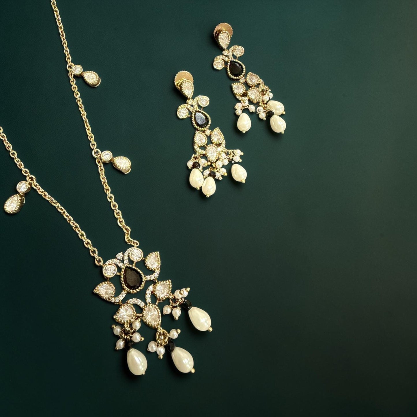 Gold Bridal Necklace Set Pearl Drop Statement Jewelry Black Stone