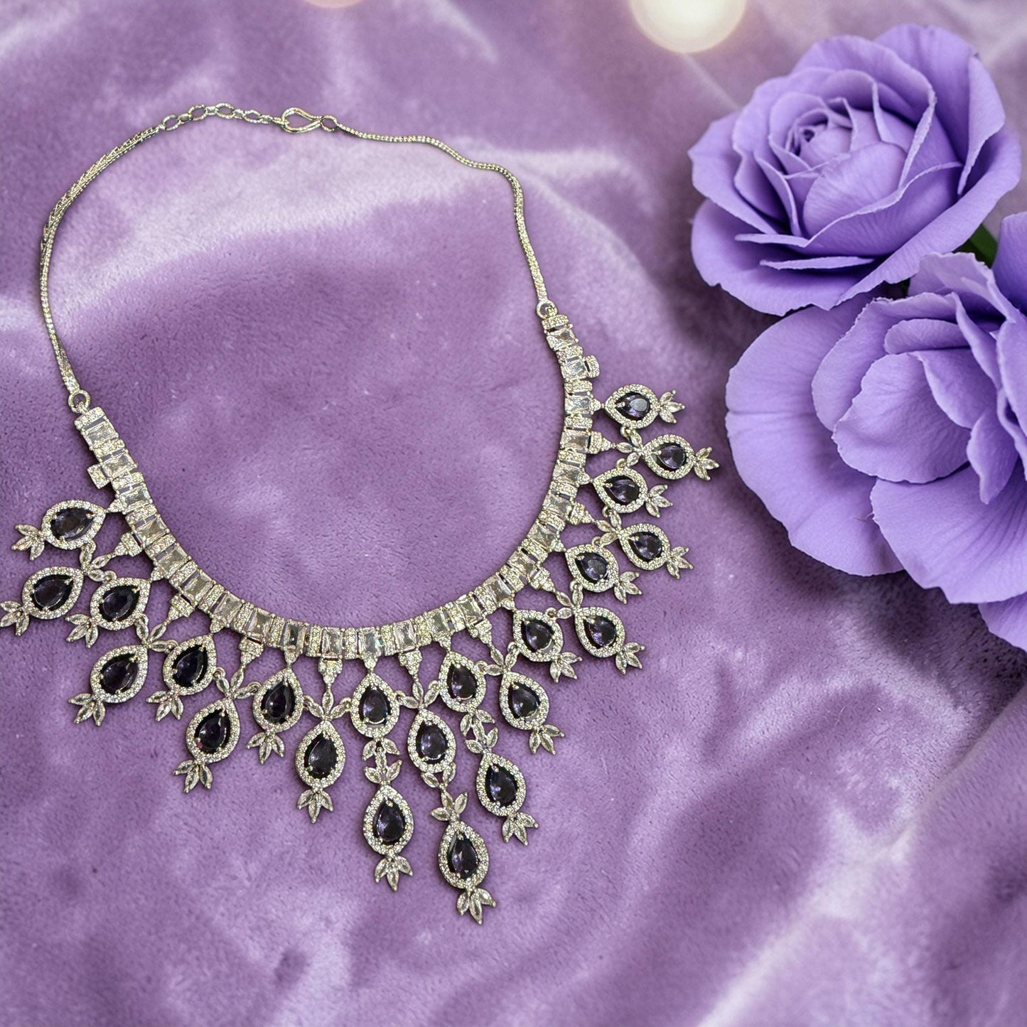 Black Teardrop Statement Necklace Silver Bridal Jewelry Bold Evening Necklace