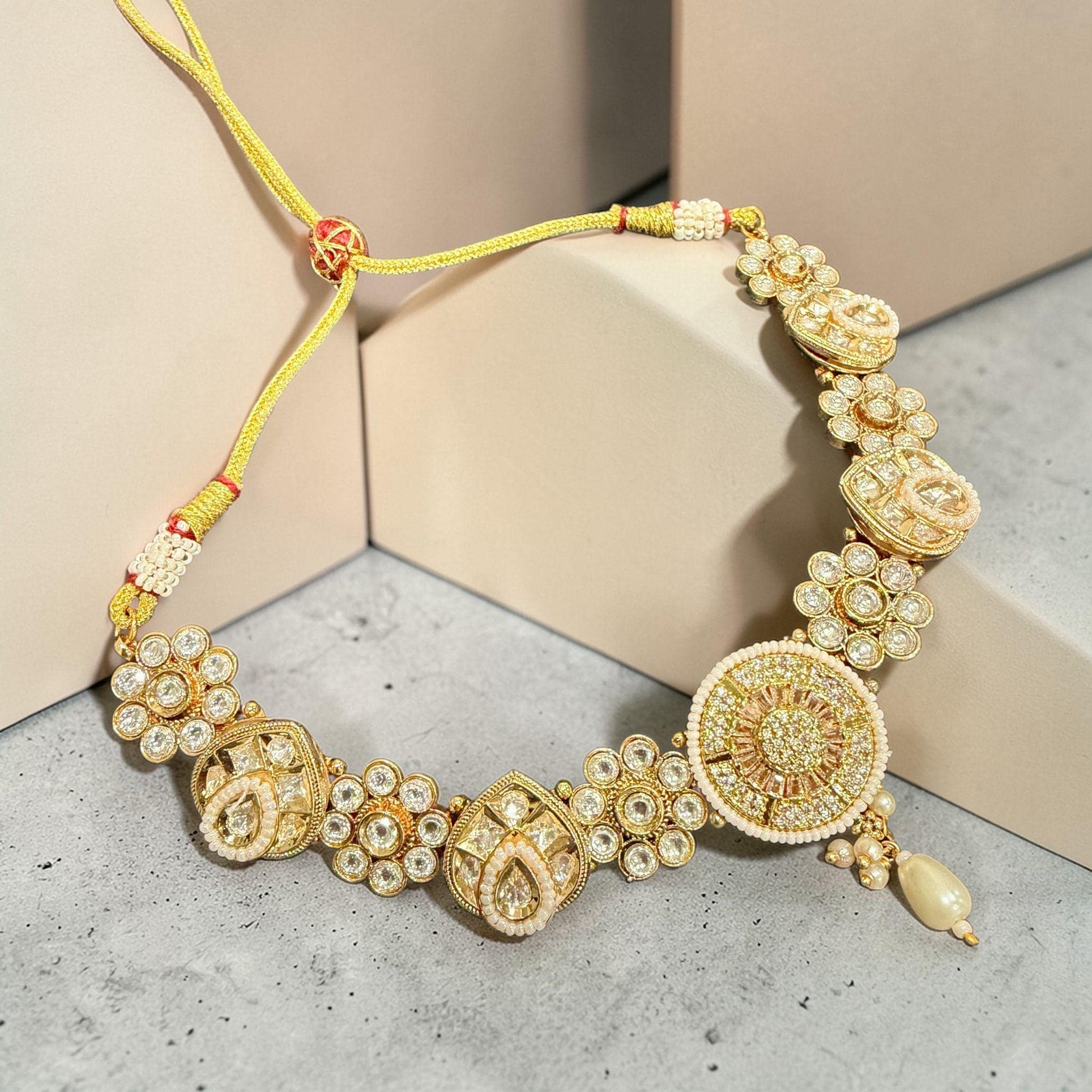 Gold Choker Necklace Set with Jhumka Earrings, Bridal Traditional Jewelry
