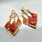 Red Glass Stone Dangle Earrings, Gold Tone Geometric Drop Statement Jewelry