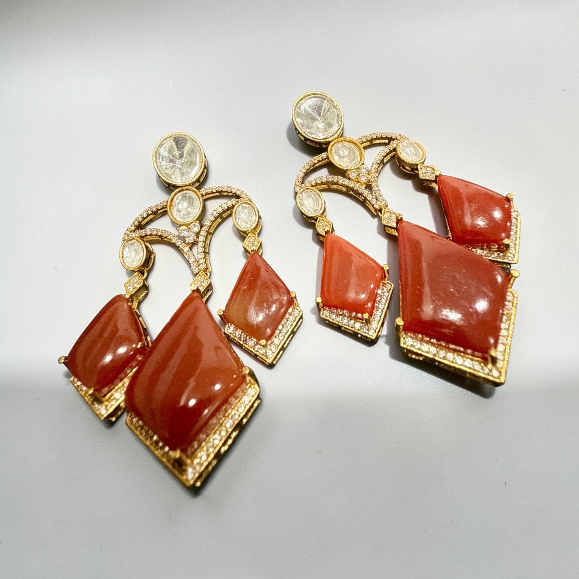 Red Glass Stone Dangle Earrings, Gold Tone Geometric Drop Statement Jewelry