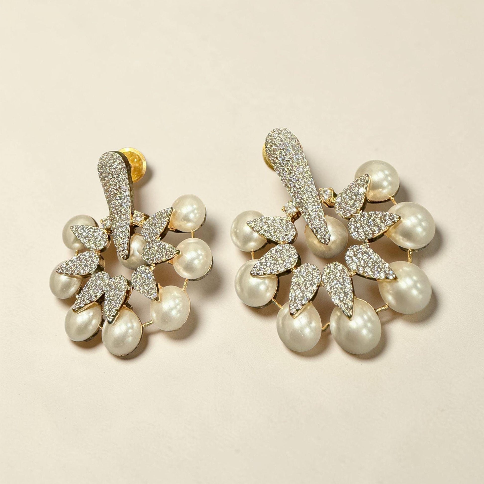 Gold Tone Floral Pearl Statement Earrings, Bridal Stud Dangle Jewelry