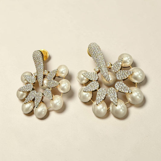 Gold Tone Floral Pearl Statement Earrings, Bridal Stud Dangle Jewelry
