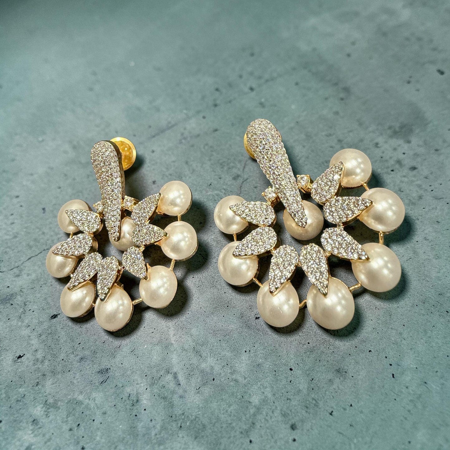 Gold Tone Floral Pearl Statement Earrings, Bridal Stud Dangle Jewelry
