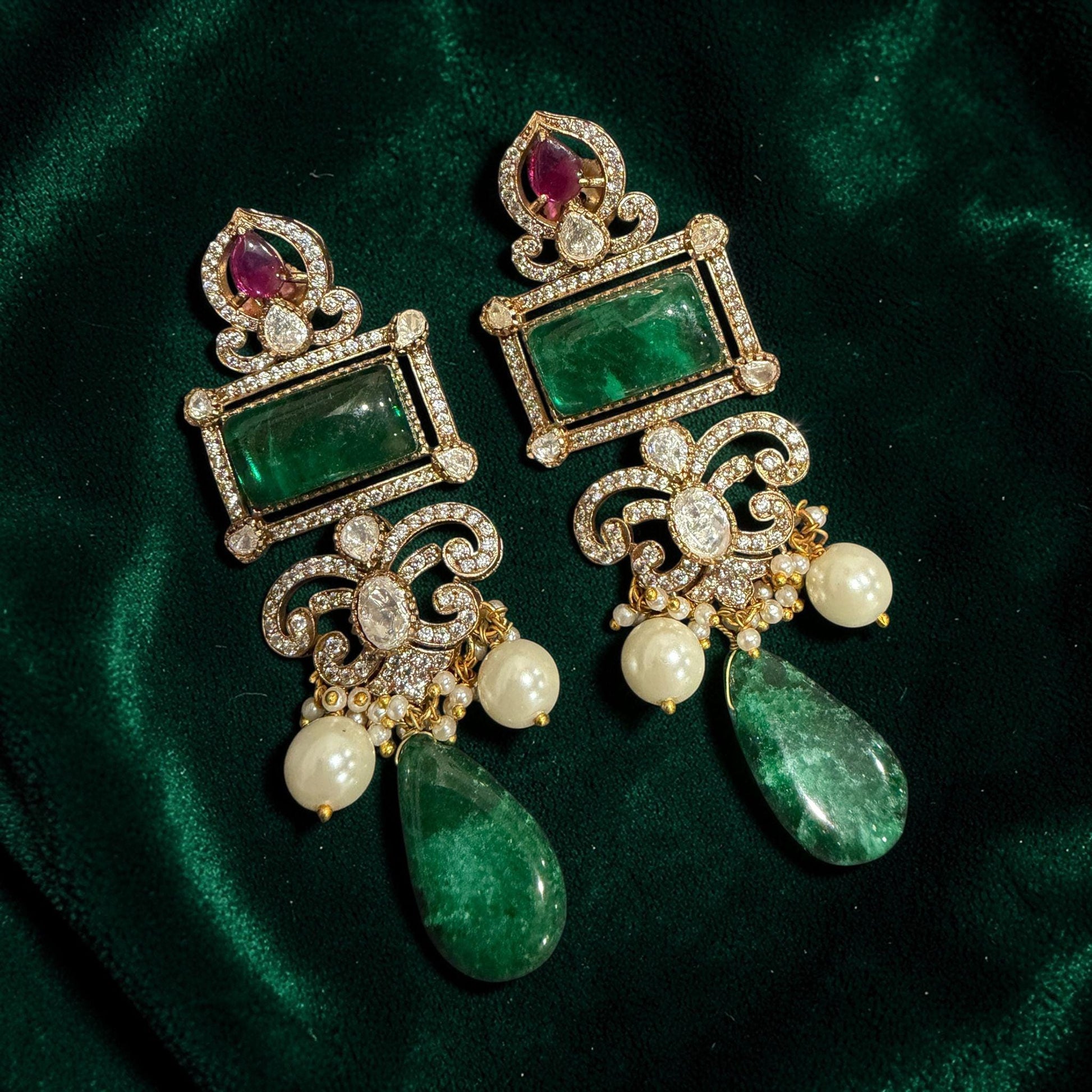 Green Gold Pearl Statement Dangle Earrings – Elegant Layered Drop Design