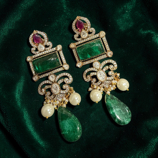 Green Gold Pearl Statement Dangle Earrings – Elegant Layered Drop Design