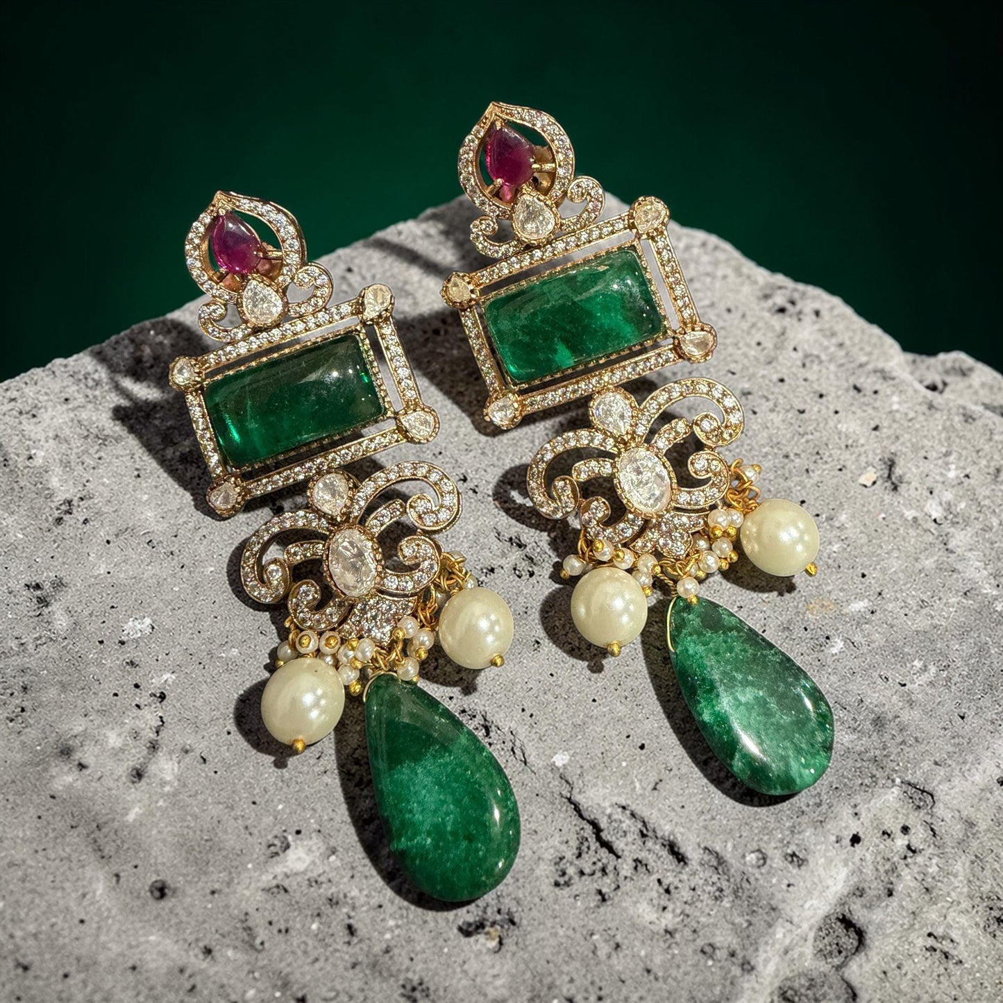 Green Gold Pearl Statement Dangle Earrings – Elegant Layered Drop Design