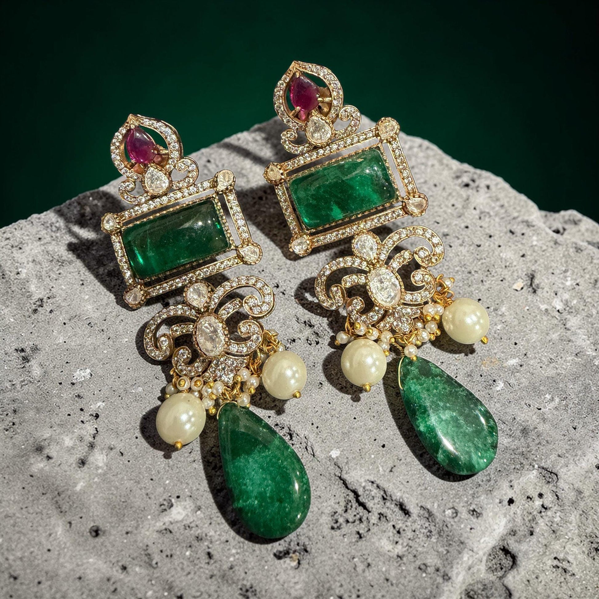 Green Gold Pearl Statement Dangle Earrings – Elegant Layered Drop Design