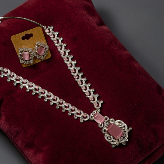 Pink Crystal Necklace Earrings Set, Vintage Bridal Silver Jewelry