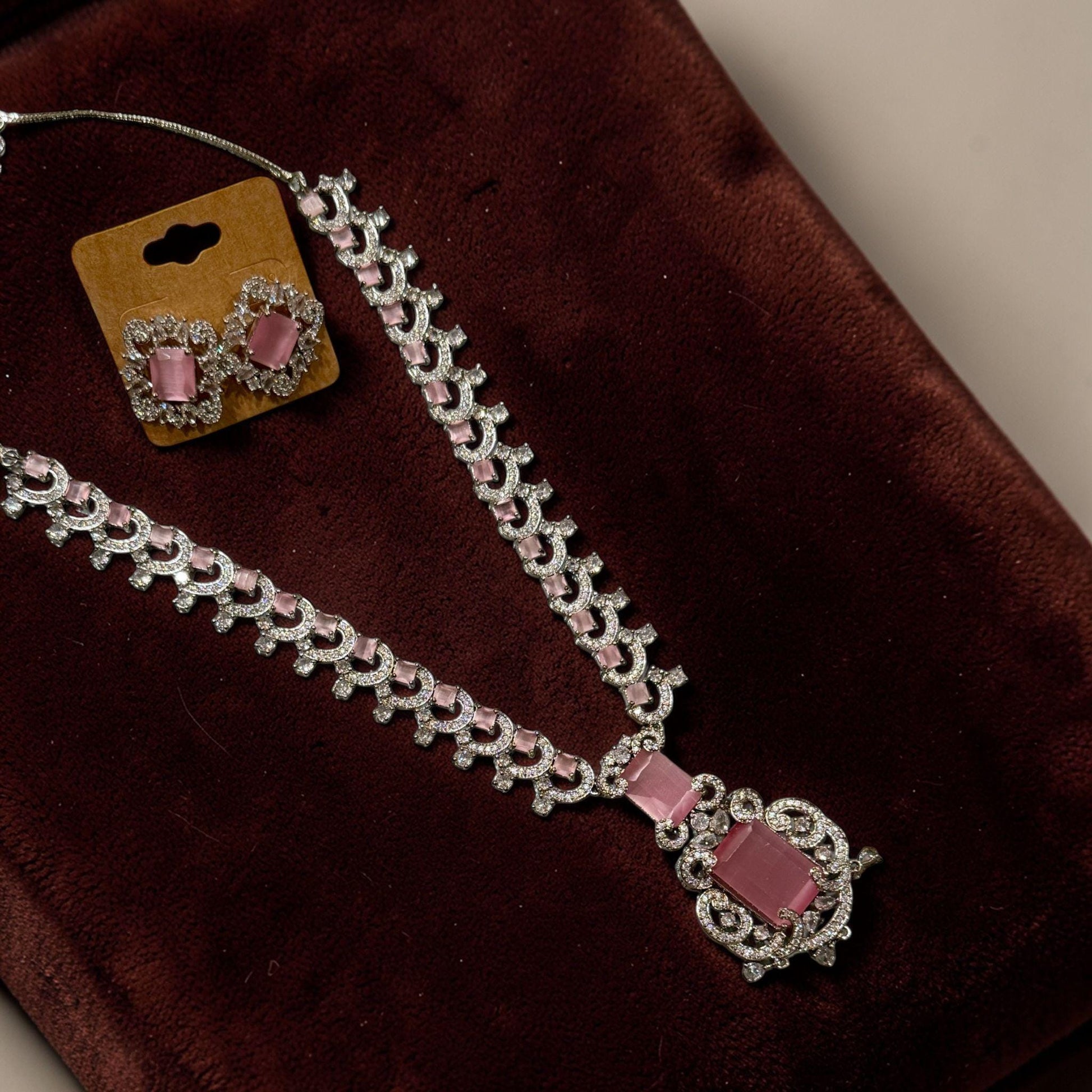 Pink Crystal Necklace Earrings Set, Vintage Bridal Silver Jewelry