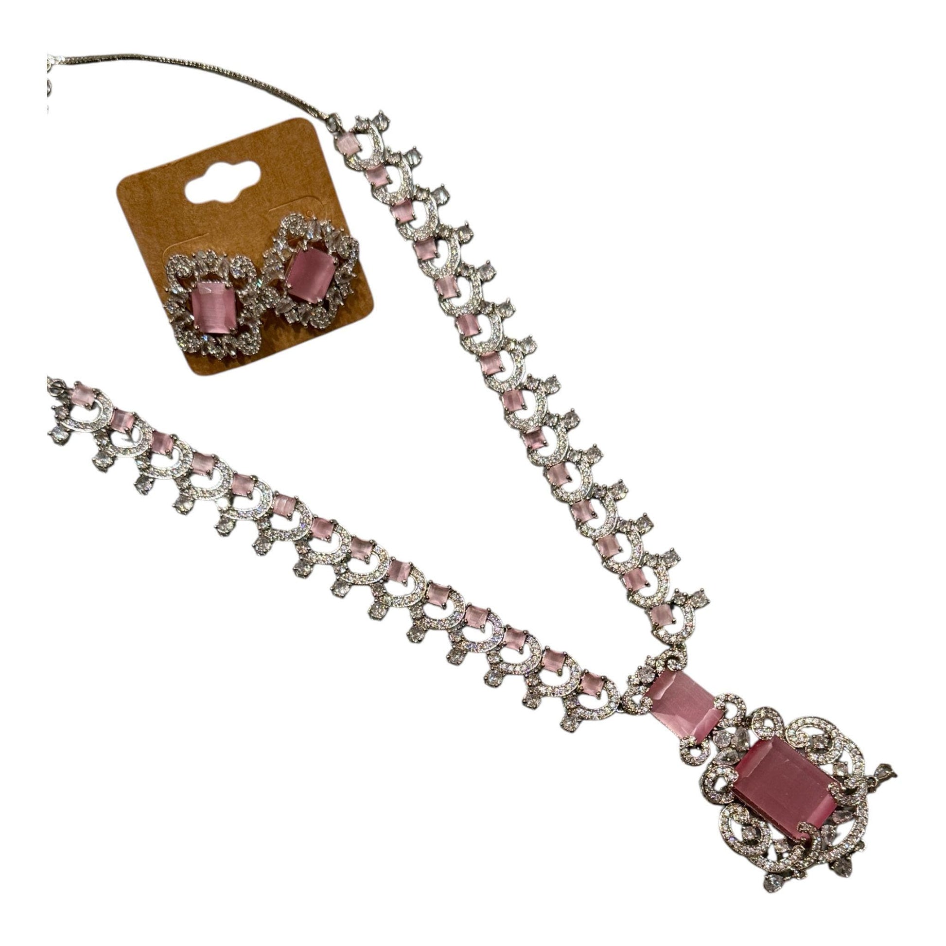 Pink Crystal Necklace Earrings Set, Vintage Bridal Silver Jewelry