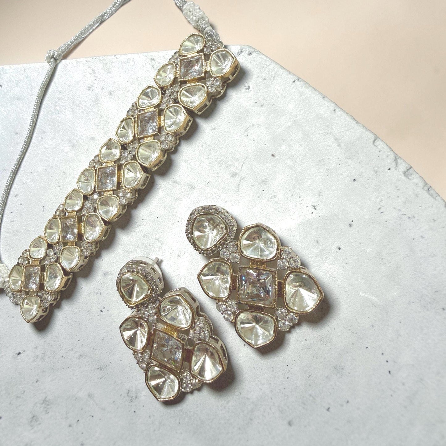 Kundan Crystal Choker Necklace and Earrings Set – Gold Bridal Statement Jewelry