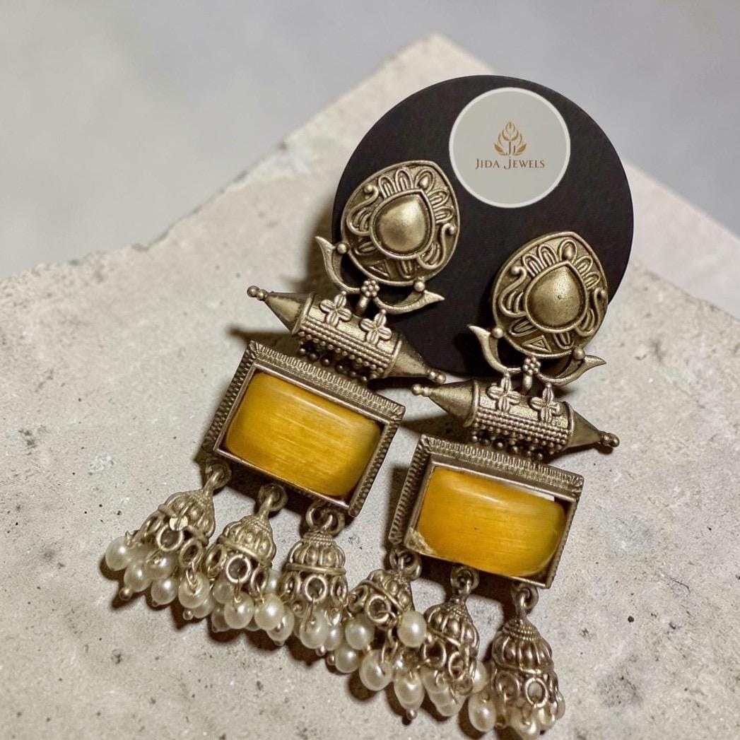 Mustard Stone Tribal Jhumka Earrings: Oxidized Silver Boho Statement Jewelry