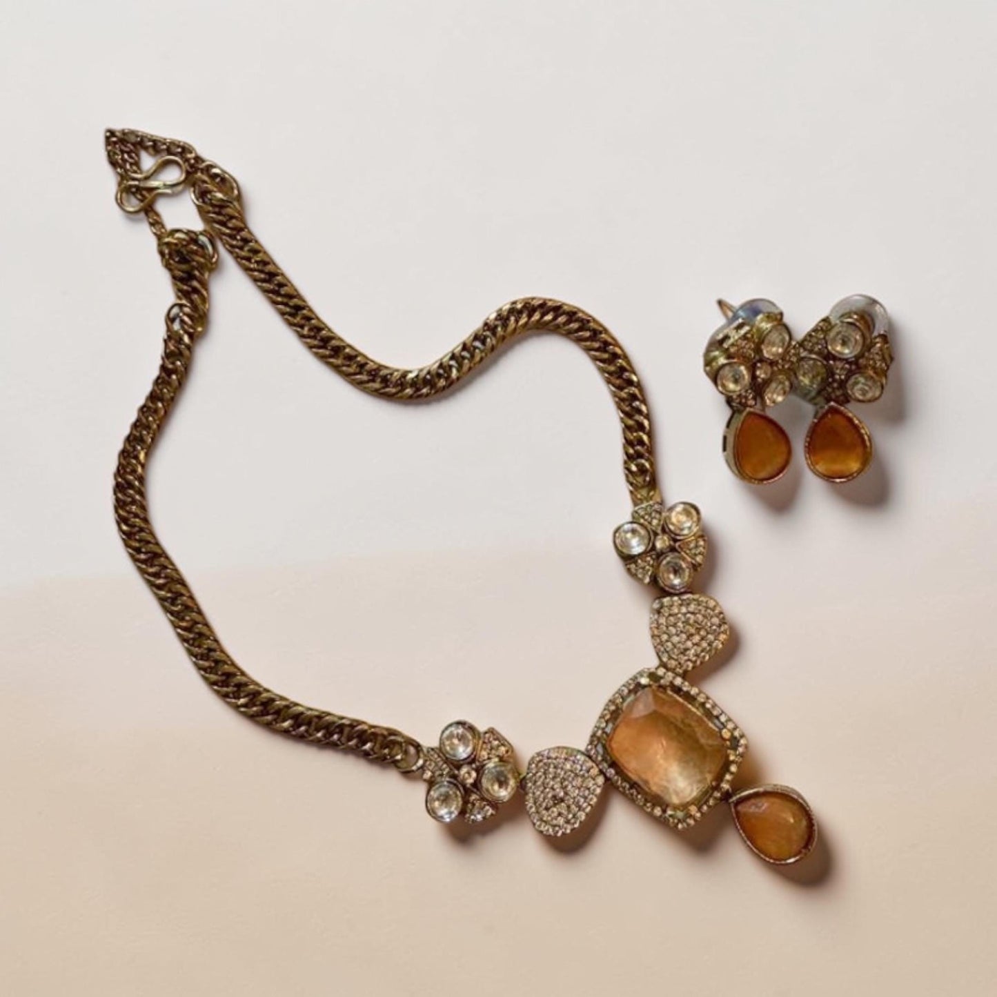 Champagne Crystal Pendant Necklace Set Gold Chain Statement Jewelry Peach Stone