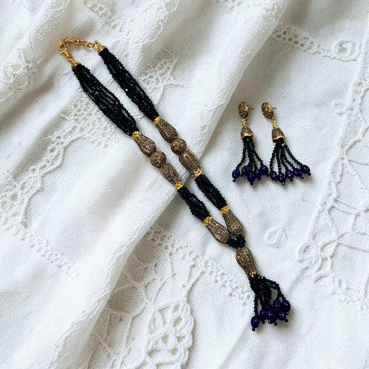 Black Beaded Tassel Necklace Set with Earrings – Antique Gold Boho Ethnic Jewelry