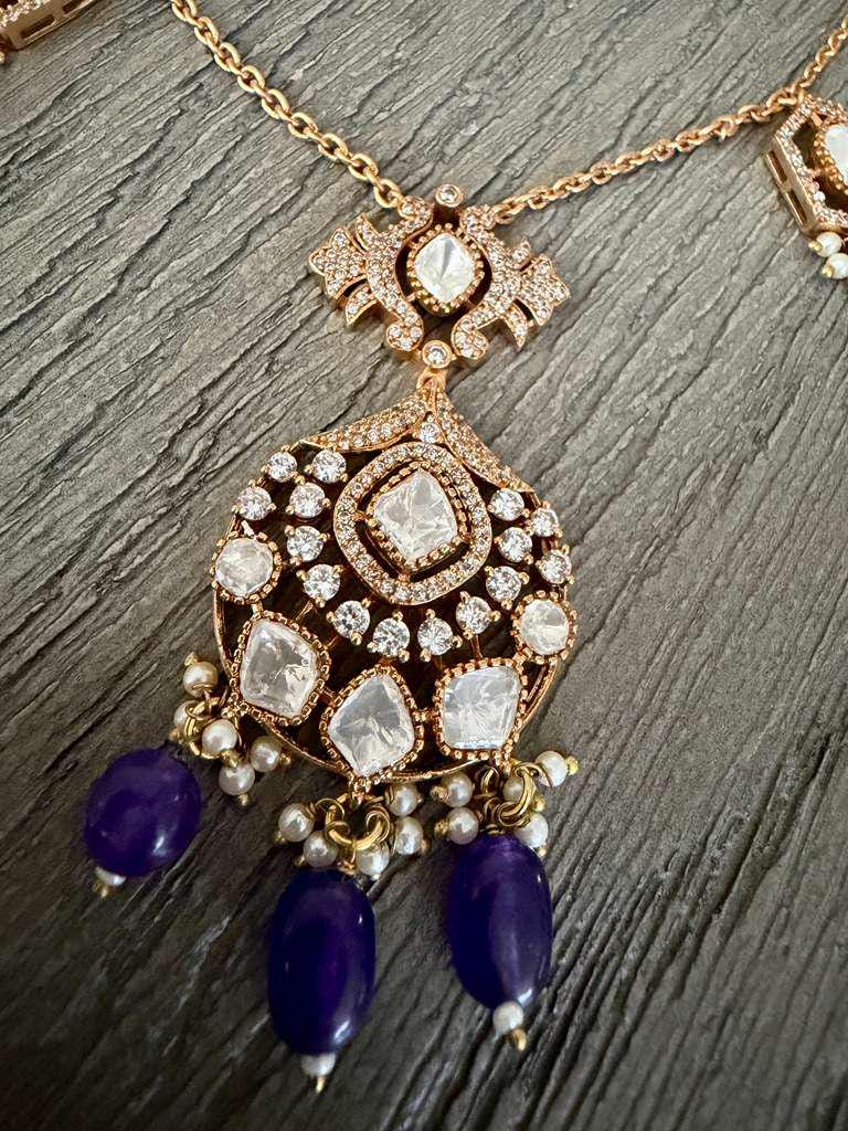 Vintage Pendant Necklace Set, Purple Bead Statement Jewelry, Gold Bridal Necklace with Earrings