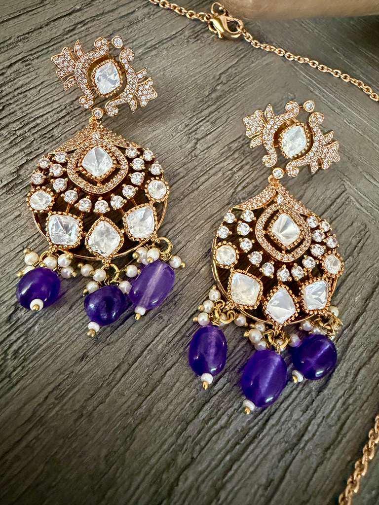 Vintage Pendant Necklace Set, Purple Bead Statement Jewelry, Gold Bridal Necklace with Earrings