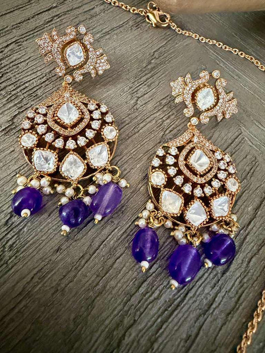 Vintage Pendant Necklace Set, Purple Bead Statement Jewelry, Gold Bridal Necklace with Earrings