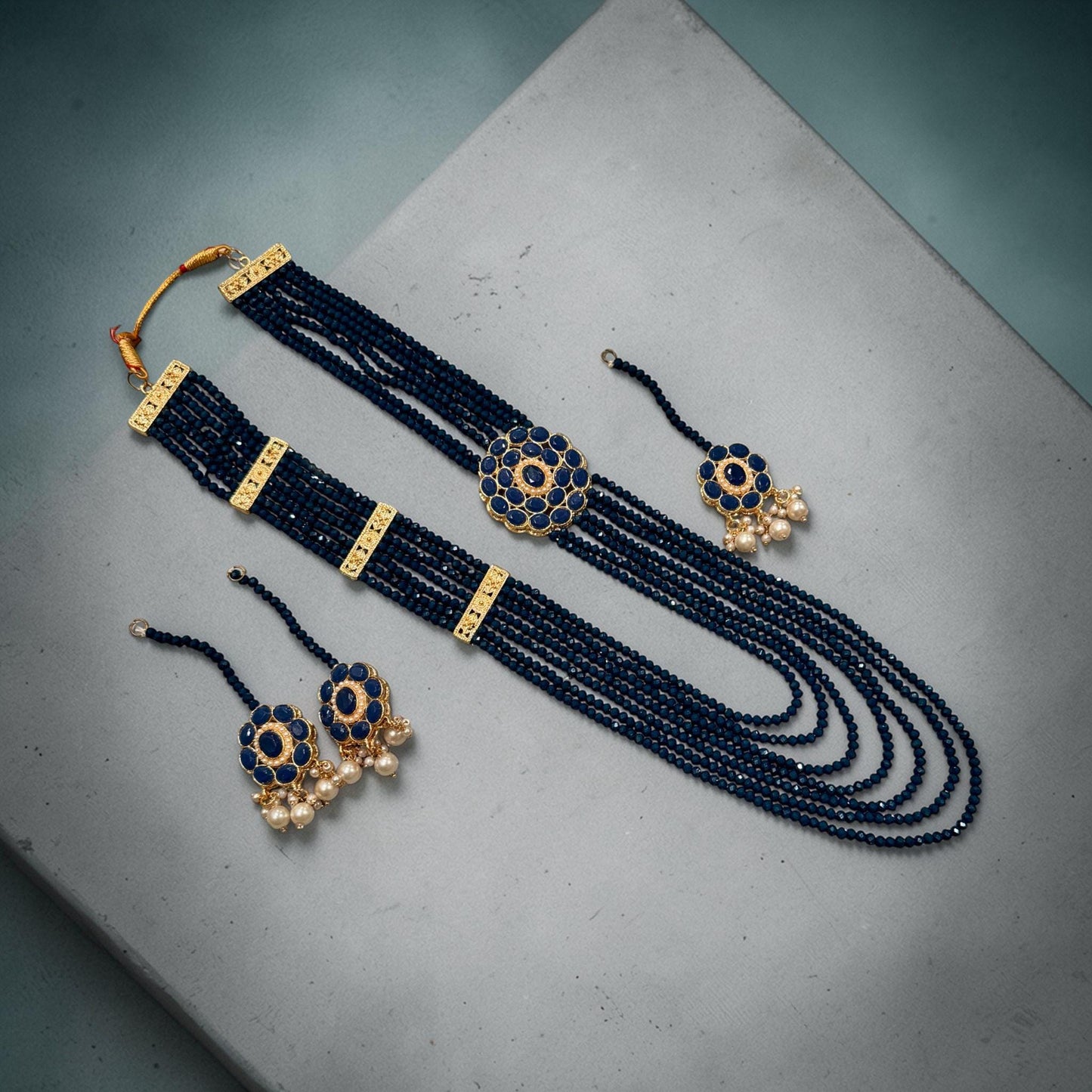 Blue Beaded Necklace Set Long Layered Ethnic Jewelry Gold Statement