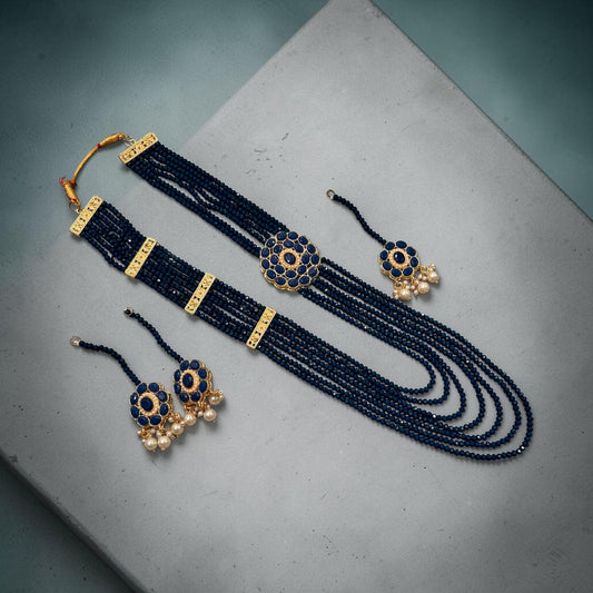 Blue Beaded Necklace Set Long Layered Ethnic Jewelry Gold Statement