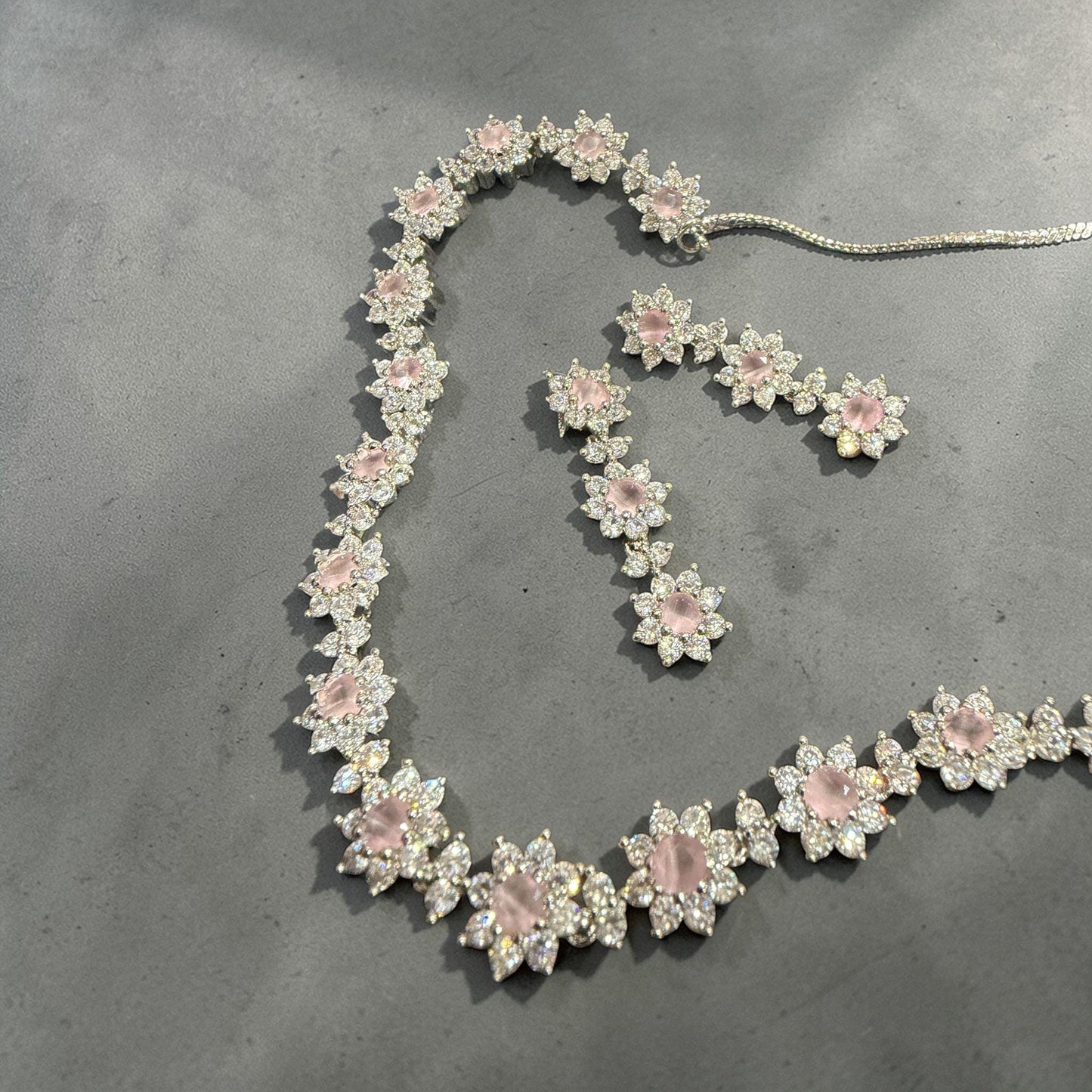Floral Pink Stone Bridal Jewelry Set, Dainty Flower Necklace and Earrings