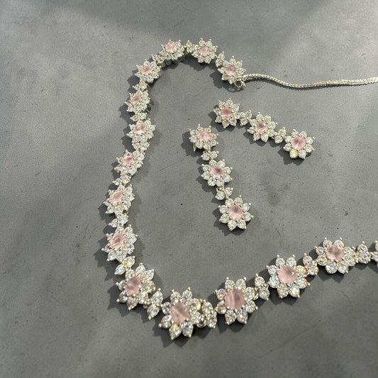 Floral Pink Stone Bridal Jewelry Set, Dainty Flower Necklace and Earrings