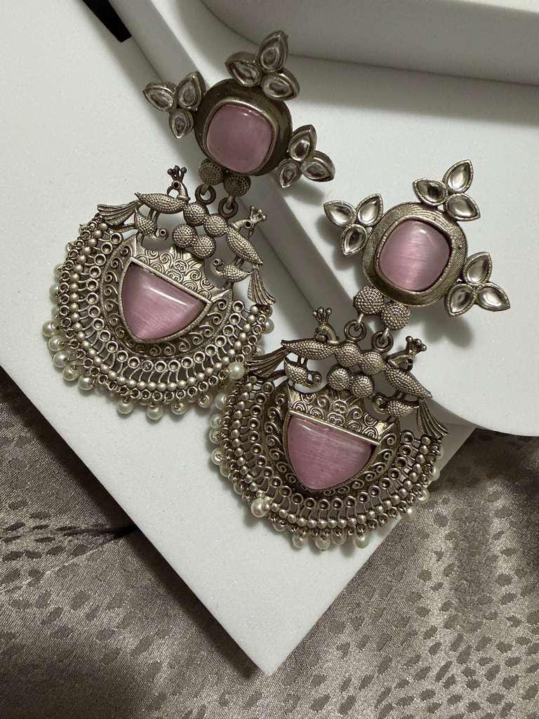 Statement Chandbali Earrings Vintage Silver Tone Dangle Earrings Ethnic Bridal Jewelry