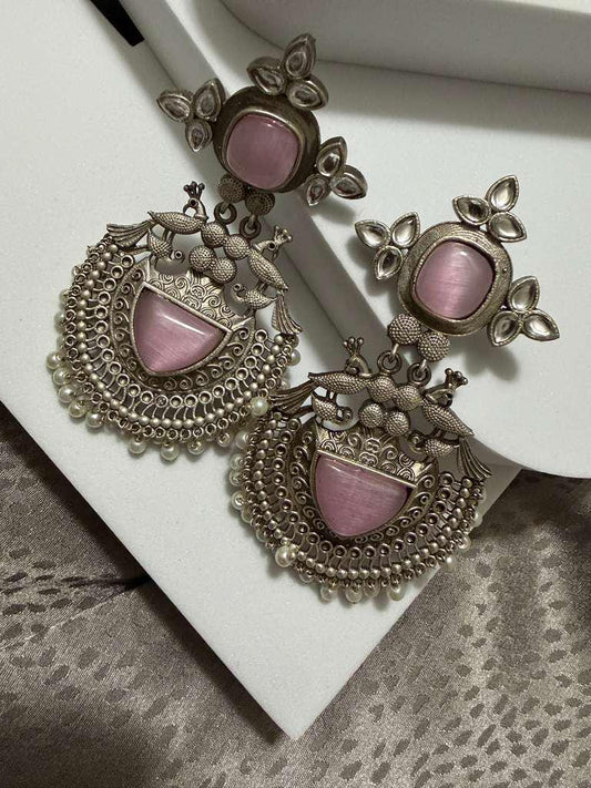 Statement Chandbali Earrings Vintage Silver Tone Dangle Earrings Ethnic Bridal Jewelry