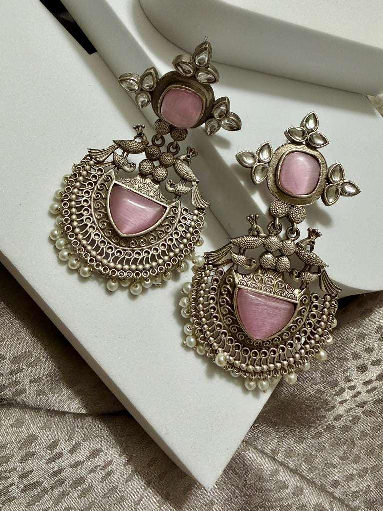 Statement Chandbali Earrings Vintage Silver Tone Dangle Earrings Ethnic Bridal Jewelry
