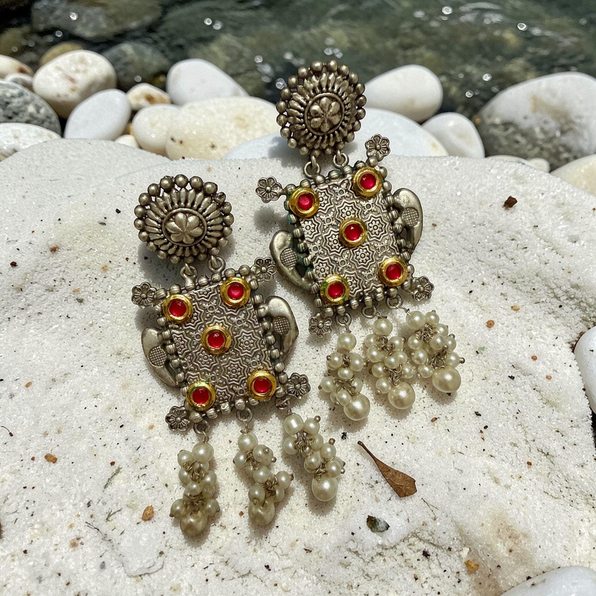 Vintage Ethnic Drop Earrings: Antique Silver Tone, Red Stones, Pearl Tassels