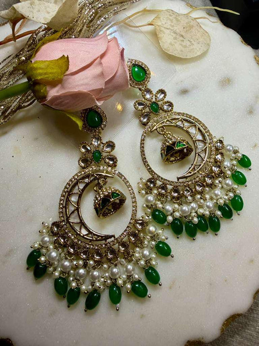 Green Chandbali Earrings with Pearl Drops, Gold Tone Ethnic Bridal Jewelry