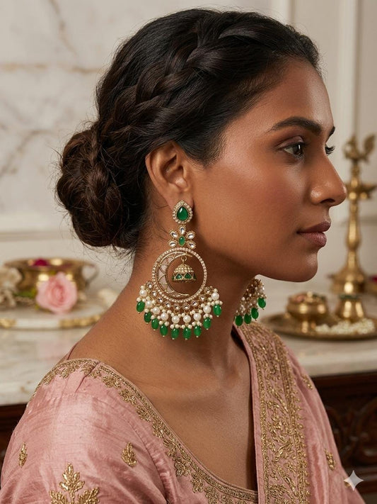 Green Chandbali Earrings with Pearl Drops, Gold Tone Ethnic Bridal Jewelry